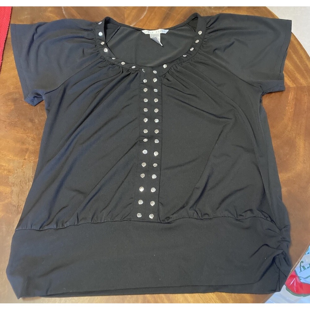 Fred David Size XL Black/Silver Women's Pullover Short Sleeve Blouse